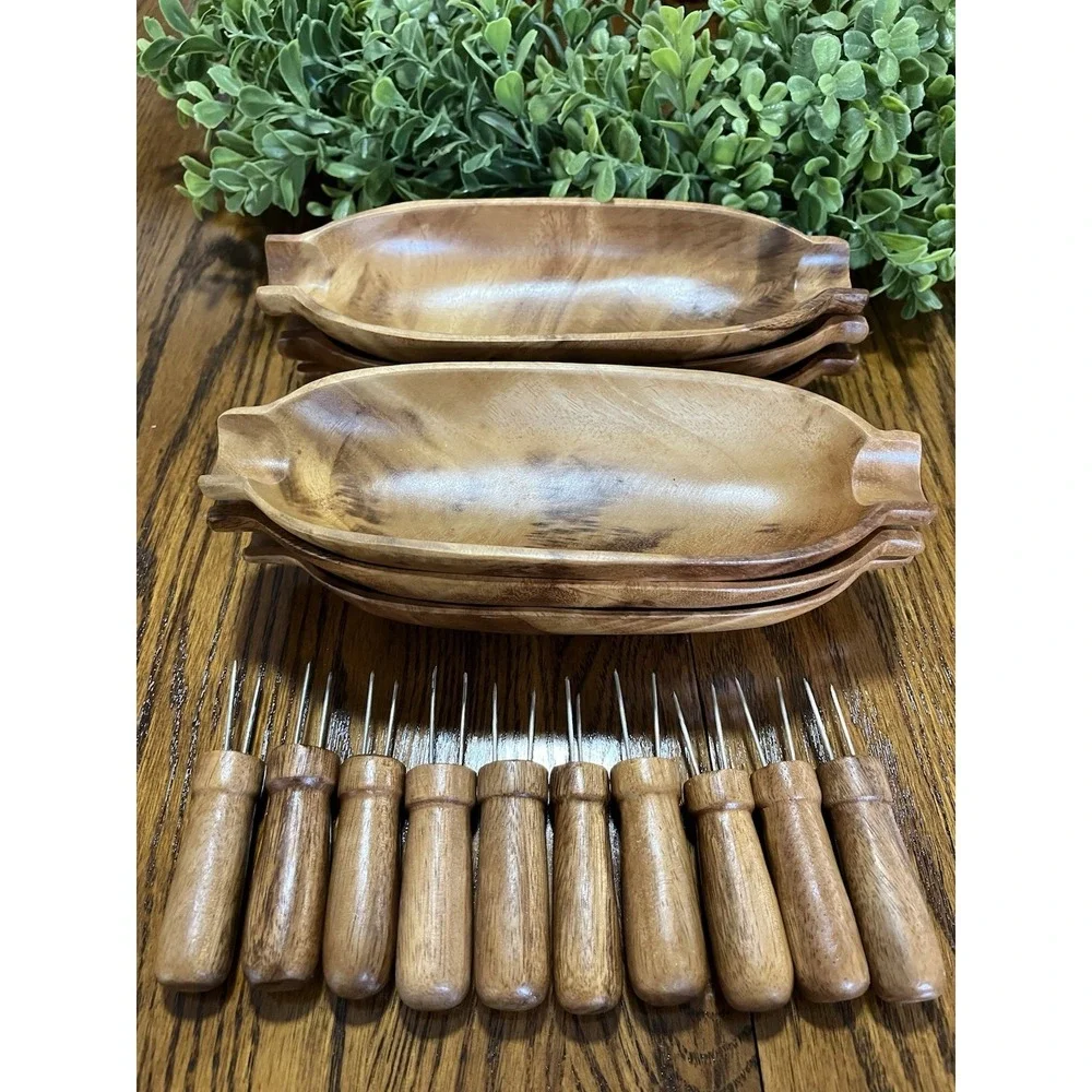 Vtg Midcentury Retro Woven Wood Corn on the Cob Set Wooden 6 Dishes 12 Holders